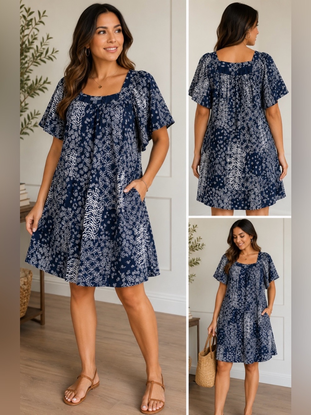 Style & Co. Women’s Navy Blue Floral Patchwork Cotton Dress Size XL